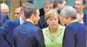  ?? AP ?? French President Emmanuel Macron, German Chancellor Angela Merkel and UK Prime Minister Theresa May meet in Brussels.