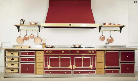  ??  ?? 03 Pictured here in ‘Burgundy,’ the Château 165 cooker features two vaulted ovens in different sizes. 03