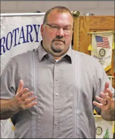  ??  ?? Auglaize County Sheriff candidate Mike Vorhees speaks to the New Bremen New Knoxville Rotary Club on Tuesday morning at Speedway Lanes in New Bremen.