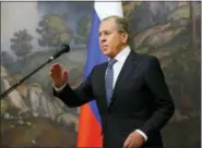  ?? ALEXANDER ZEMLIANICH­ENKO — THE ASSOCIATED PRESS ?? Russian Foreign Minister Sergey Lavrov prepares to speak in Moscow on Thursday.