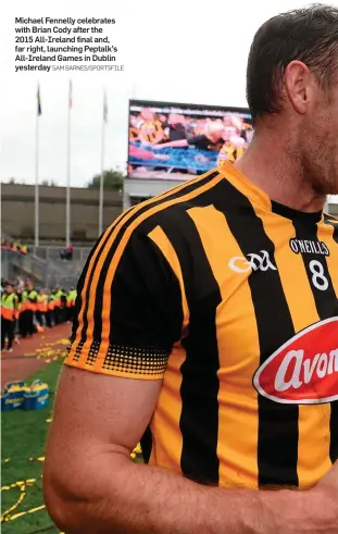  ?? SAM BARNES/SPORTSFILE ?? Michael Fennelly celebrates with Brian Cody after the 2015 All-Ireland final and, far right, launching Peptalk’s All-Ireland Games in Dublin yesterday