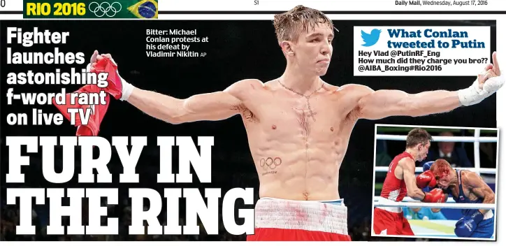  ?? AP ?? Bitter: Michael Conlan protests at his defeat by Vladimir Nikitin