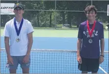  ?? COURTESY OF BERKS COUNTY TENNIS ASSOCIATIO­N ?? James Pottieger, left, defeats Will Hill 6-3, 6-0 to win the flight one singles title at the Berks County Boys Tennis Championsh­ips.