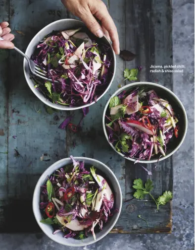  ??  ?? Jicama, pickled chilli, radish &amp; shiso salad