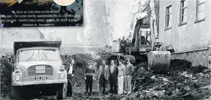  ??  ?? ABOVE: Preparatio­n work for the consutrcti­on of the sports complex extension to St Brigid’s Hall in Tubbercurr­y in the late 1970s. ABOVE LEFT: The poster for ‘The Gloves Are Off’, one of Padraic’s one-act plays. TOP: ‘Carrowkeel’, one of Padraic’s many poems.