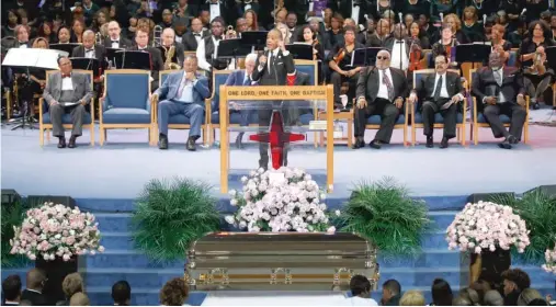  ?? PAUL SANCYA/AP PHOTOS ?? The Rev. Al Sharpton speaks during the funeral service for Aretha Franklin on Friday at Greater Grace Temple in Detroit.