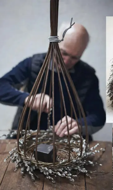  ??  ?? This page: clockwise from top left Joe has woven the base and fitted the uprights of this basket using locally harvested Salix purpurea ‘Dicky Meadows’ and is inserting the catkin-covered stems of Salix viminalis to make the sides.