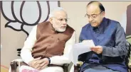  ?? PTI ?? PM Narendra Modi with Finance Minister Arun Jaitley at the BJP national executive meeting in Delhi on Saturday.