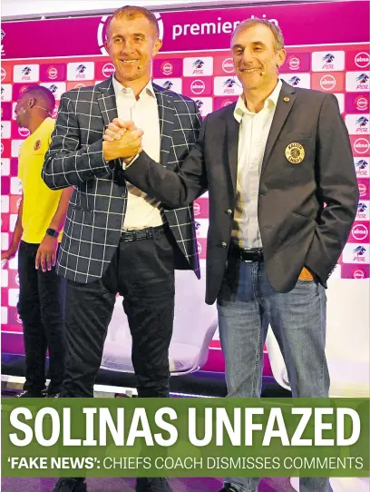  ?? Picture: Gallo Images ?? ALL SMILES FOR NOW. Orlando Pirates coach Micho Sredojevic (left) and his Kaizer Chiefs counterpar­t Giovanni Solinas during the Soweto derby press conference at the PSL Offices yesterday.