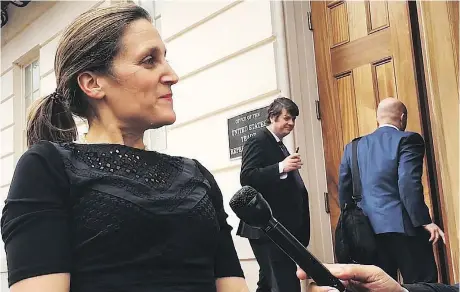  ?? ALEX PANETTA/THE CANADIAN PRESS ?? Foreign Affairs Minister Chrystia Freeland speaks to media in Washington on Tuesday. Freeland said NAFTA negotiatio­ns saw “significan­t progress” this week, especially on autos. Meetings will resume around May 7 in hopes of reaching a deal this spring.