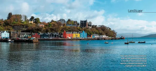  ??  ?? The sight of Tobermory harbour, with its tall, gabled buildings in a myriad of vivid colours sitting against a wooded backdrop, is a highlight of a visit to Mull.