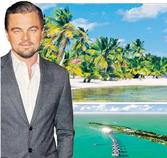  ??  ?? Leonardo DiCaprio is to build an eco resort on Blackadore Cay, his 104-acre island in Belize, top. Above and right: artist’s illustrati­ons of the resort, which will have an artificial reef to protect marine life