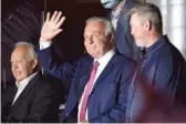  ?? RYAN REMIORZ/THE CANADIAN PRESS VIA AP ?? Montreal Canadiens legends Yvan Cournoyer (from left), Guy Lafleur and Patrick Roy salute the crowd before Game 4 of the Stanley Cup Finals between the Montreal Canadiens and the Tampa Bay Lightning last July.