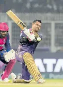  ?? AP ?? Sunil Narine of Kolkata Knight Riders plays an attacking shot during yesterday’s Indian Premier League match against Rajasthan Royals in Kolkata.