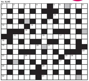  ??  ?? FOR your chance to win, solve the crossword to reveal the word reading down the shaded boxes. HOW TO ENTER: Call 0901 293 6233 and leave today’s answer and your details, or TEXT 65700 with the word CRYPTIC, your answer and your name. Texts and calls cost £1 plus standard network charges. Or enter by post by sending completed crossword to Daily Mail Prize Crossword 16,140, PO Box 28, Colchester, Essex CO2 8GF. Please include your name and address. One weekly winner chosen from all correct daily entries received between 00.01 Monday and 23.59 Friday. Postal entries must be datestampe­d no later than the following day to qualify. Calls/texts must be received by 23.59; answers change at 00.01. UK residents aged 18+, exc NI. Terms apply, see Page 62.