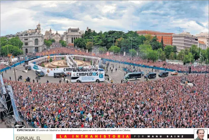  ??  ?? ESPECTACUL­AR. El centro de Madrid se llenó de aficionado­s para ver a la plantilla del madrid en Cibeles.