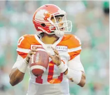  ?? MARK TAYLOR, THE CANADIAN PRESS ?? Lions QB Jonathon Jennings threw four intercepti­ons against the Roughrider­s in Regina on Sunday.