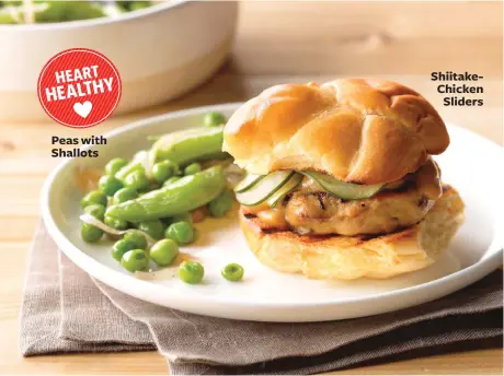  ??  ?? Peas with Shallots Shiitakech­icken Sliders