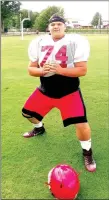  ?? MARK HUMPHREY ENTERPRISE-LEADER ?? Farmington senior tackle Chuck Carlson (6-1, 325) is a returning starter, who makes his presence known on both sides of the football. The Cardinals are gearing up for their season-opener Aug. 31 on the road at rival Prairie Grove.
