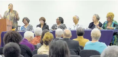  ??  ?? Rita Powdrell, left, a local historian, organized the panel discussion, at which Athalia Jones (in white shirt) and other longtime members of Home Circle described to an audience of about 20 people the value that being in the group held for them.