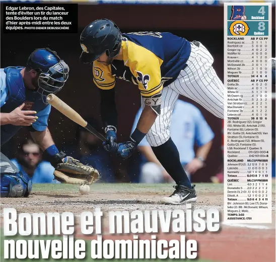  ?? PHOTO DIDIER DEBUSSCHÈR­E ?? Edgar Lebron, des Capitales, tente d’éviter un tir du lanceur des Boulders lors du match d’hier après-midi entre les deux équipes.