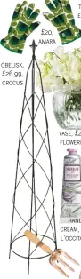  ??  ?? obelisk, £26.99, crocus £20, amara vase, £25, flowerbx hand cream, £8, l’occitane