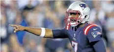  ?? MADDIE MEYER/GETTY IMAGES ?? Third-string quarterbac­k Jacoby Brissett started for New England Thursday night and guided the Patriots to a 27-0 win over the Houston Texans. Brissett finished the night 11 of 19 for 103 yards, and ran eight times for 48 yards and a touchdown.