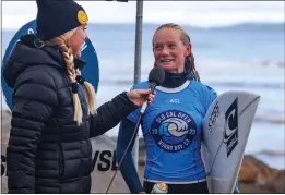  ?? RUNAMUCKPH­OTOGRAPHY — WORLD SURF LEAGUE FILE ?? Santa Cruz's Maddie Storrer is interviewe­d following her heat at the SLO CAL Open at Morro Bay on Feb. 25.