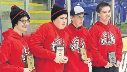  ?? SUBMITTED ?? Pictou County players Dominic Bond, Andrew Goswell, Kaleb Clarke and Kenyon Greene are shown with their awards from the Bantam Memorial Tournament.