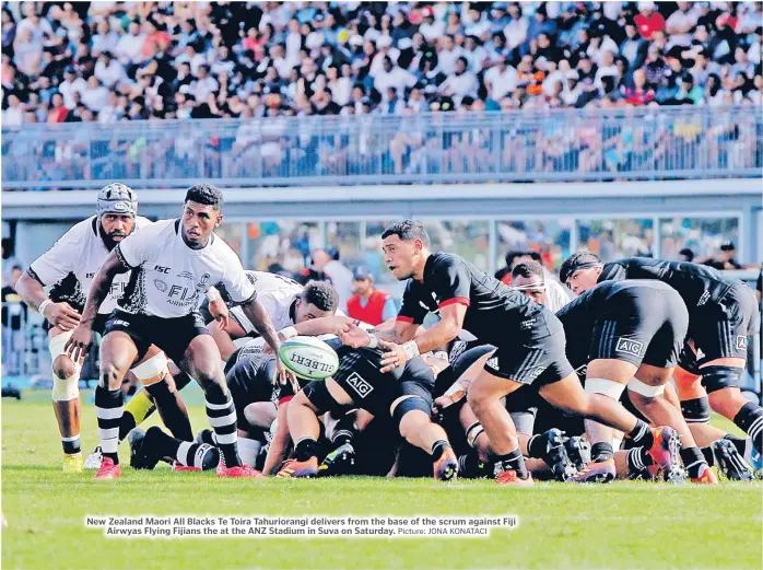  ?? Picture: JONA KONATACI ?? New Zealand Maori All Blacks Te Toira Tahurioran­gi delivers from the base of the scrum against Fiji Airwyas Flying Fijians the at the ANZ Stadium in Suva on Saturday.