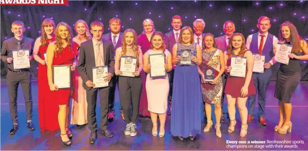  ?? ?? Every one a winner Renfrewshi­re sports champions on stage with their awards