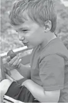  ??  ?? Four-year-old James Clark enjoys a strawberry at his family’s farm, Mayberry Farms.