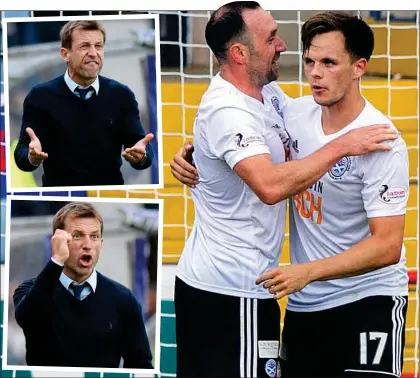  ??  ?? HOT AYR: Shankland (right) hails Moffat after the visitors’ third goal as McCann shows his frustratio­n (insets)