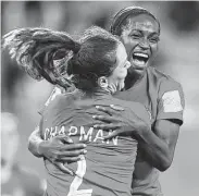  ?? Francisco Seco / Associated Press ?? Canada’s Nichelle Prince, right, celebrates with Allysha Chapman after scoring a goal Saturday.