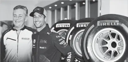  ?? ZAK MAUGER PIRELLI PHOTO ?? Pirelli racing director Mario Isola appears with Red Bull F1 driver Daniel Ricciardo in Abu Dhabi last weekend with new F1 spec tires for 2019.