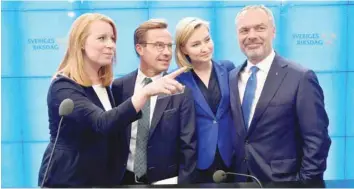  ?? — Reuters file photo ?? The Alliansen party leaders Annie Loof, Ulf Kristersso­n, Ebba Busch Thor and Jan Bjorklund attend a news conference in the Swedish Parliament in Stockholm.