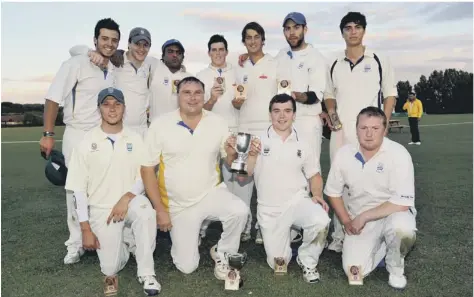  ??  ?? DEFENDING CHAMPIONS: Bourne celebrate last year’s victory over Wisbech in the Jaidka Cup final.