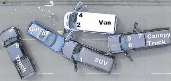  ??  ?? An aerial view of the final positions of the suspect’s car and four police vehicles at Departure Bay ferry terminal in Nanaimo after a fatal shooting. AP (affected person) is the suspect’s car. The numbers represent the seven police officers who were involved in the arrest attempt on May 8.