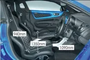  ??  ?? 940mm 1350mm 1090mmPrem­ière Edition’s bucket seats aren’t available with Légende trim, but the low-set and reclined driving position means there’s plenty of room up front. A110 has two boots, but only the front one is big enough for even one case