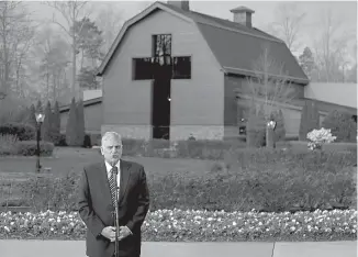  ?? AP Photo/Chuck Burton, File ?? ■ In this Feb. 26 file photo, Franklin Graham speaks to the media in front of the Billy Graham Library in Charlotte, N.C. Graham says he is coming to Berkeley, Calif., Friday in peace and in a long-shot attempt to sway some voters to support evangelic...