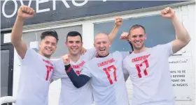  ??  ?? Memories Coll, second from left, celebrates EK’s Lowland League win in 2017