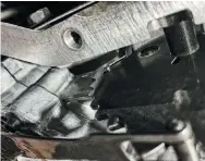  ??  ?? One final thing to be sure you’ve paid attention to during the installati­on is that the gear shift lever has engaged within the shift linkage of the valve body. If this step gets missed, you’ll soon find that the shift lever on your steering column does nothing and you’ll be draining fluid, dropping a pan again before you’ll get to try that new double overdrive out.