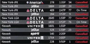  ?? ORLANDO SENTINEL ?? A status board at Orlando Internatio­nal Airport shows a few of the hundreds of flights canceled due to severe weather.