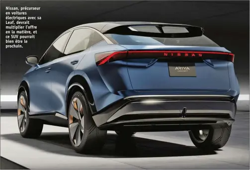  ??  ?? Nissan, précurseur en voitures électrique­s avec sa Leaf, devrait multiplier l’offre en la matière, et ce SUV pourrait bien être le prochain.