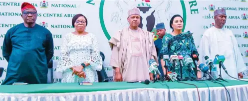  ?? ?? From left: Mr Bayo Onanuga, Special Adviser to the President on Informatio­n and Strategy; Dr Ngozi Onwudiwe, Permanent Secretary, Ministry of Informatio­n and National Orientatio­n; Alhaji Mohammed Idris, Minister of Informatio­n and National Orientatio­n; Doris Nkiruka Uzoka-Anite, Minister of Industry, Trade and Investment and Ambassador Nura Abba Rimi, Permanent Secretary, Federal Ministry of Industry, Trade and Investment