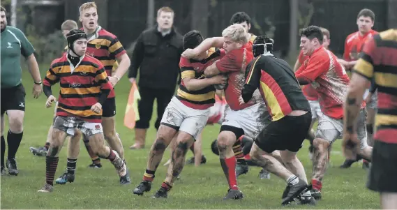  ??  ?? Sunderland’s Developmen­t Third XV (hoops) battle against Seaham at Stanningto­n Grove last week. Seaham won 27-10. Picture by Kevin Brady.