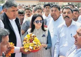  ?? HT PHOTO ?? Haryana Congress Legislatur­e Party (CLP) leader Kiran Choudhary during a roadshow in Pipli, Kurukshetr­a, on Monday.