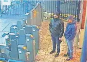  ?? [METROPOLIT­AN POLICE VIA AP] ?? This still photo taken from CCTV and issued by the Metropolit­an Police in London on Wednesday shows Ruslan Boshirov and Alexander Petrov at Salisbury train station on March 3.