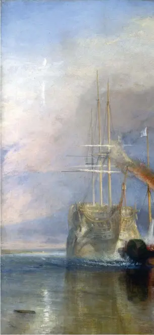  ?? FOTO: J.M.W. TURNER ?? J. M. W. Turners klassiska oljemålnin­g från 1838 där det gamla krigsfarty­get The Fighting Téméraire bogseras bort för att skrotas har ofta betraktats som en gestaltnin­g av en svanesång: en ny tid som följer på en gammal.