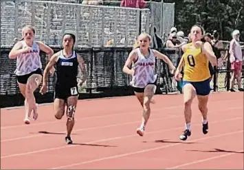  ?? Sean Martin / Special to the Times Union ?? Danielle Hand of Queensbury, right, sprints on the way to a win in the 100 meters Saturday at the Queensbury Invitation­al. Gianna Locci of Stillwater missed the race because of injury.